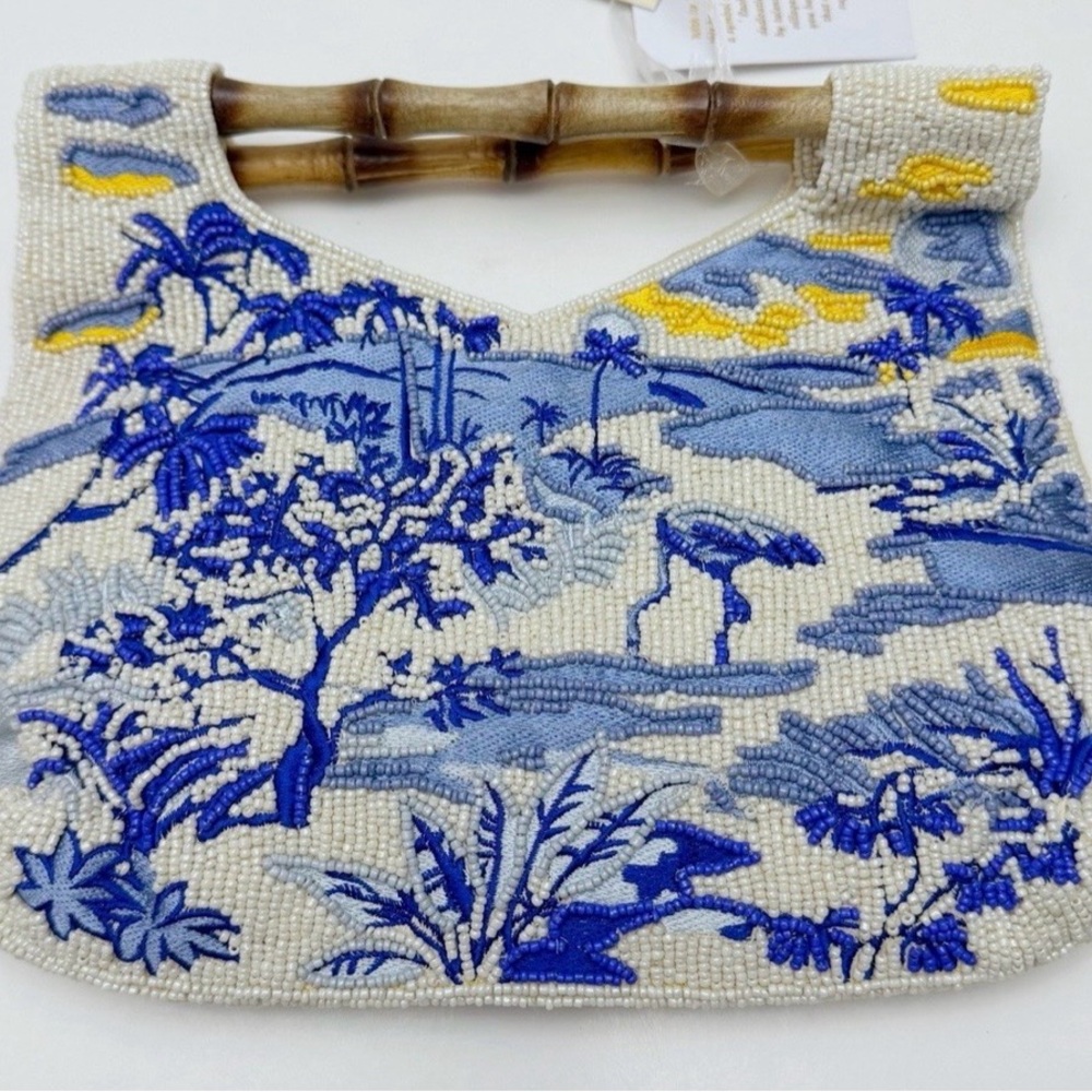 Beaded Blue & White Tropical Scene Clutch with Bamboo Handle
